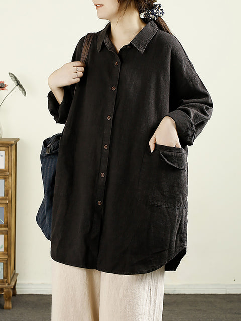 Women Autumn Casual Solid Button-up Linen Shirt