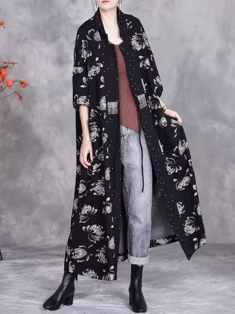 Cappotto in cotone con bottoni e fiori autunnali vintage da donna