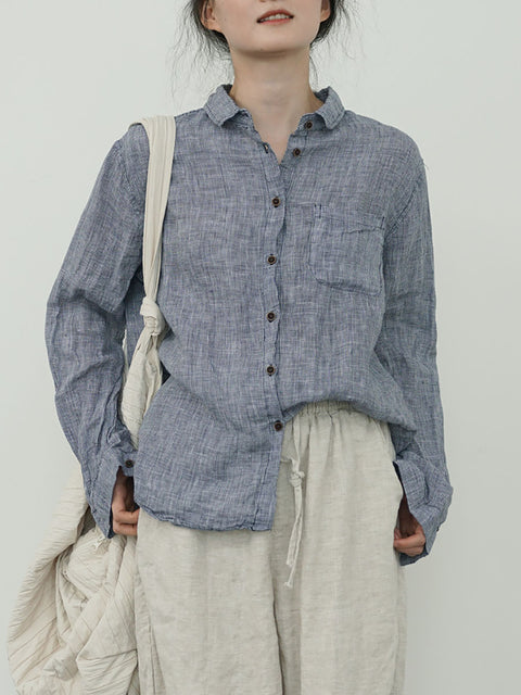 Women Ethnic Autumn Plaid Linen Shirt