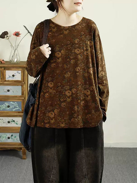 Women Autumn Flower O-Neck Cotton Blouse