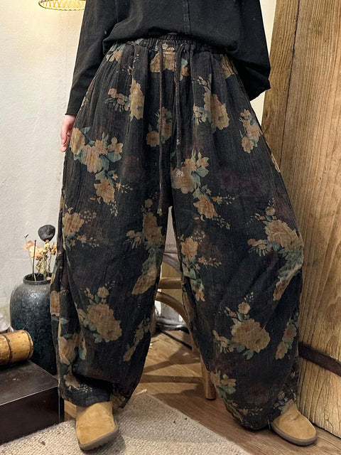 Pantaloni a gamba larga in lino a quadri casual estivi da donna