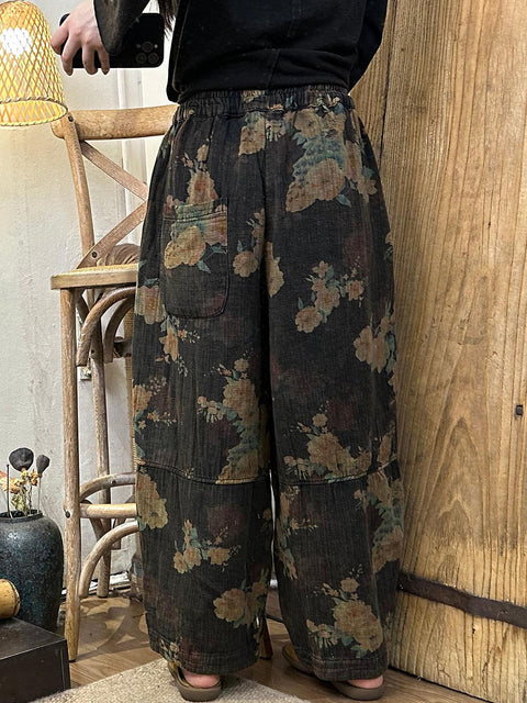 Women Autumn Retro Flower Cotton Harem Pants