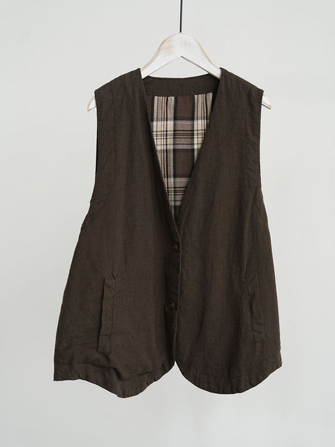 Women Ethnic Cotton Linen Solid V-Neck Vest