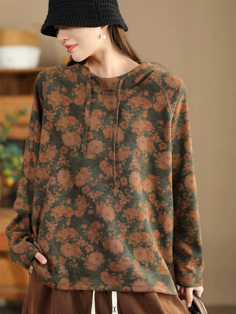 Women Autumn Vintage Flower Hooded Cotton Sweatshirt