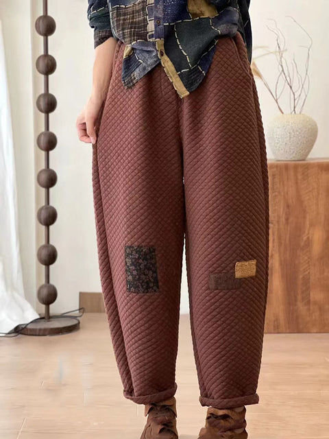 Pantaloni a gamba larga in lino a quadri casual estivi da donna