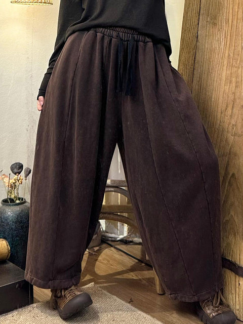 Pantaloni a gamba larga in lino a quadri casual estivi da donna