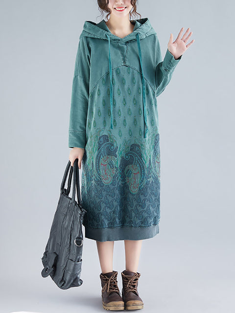 Women Ethnic Autumn Print Hooded Cotton Dress