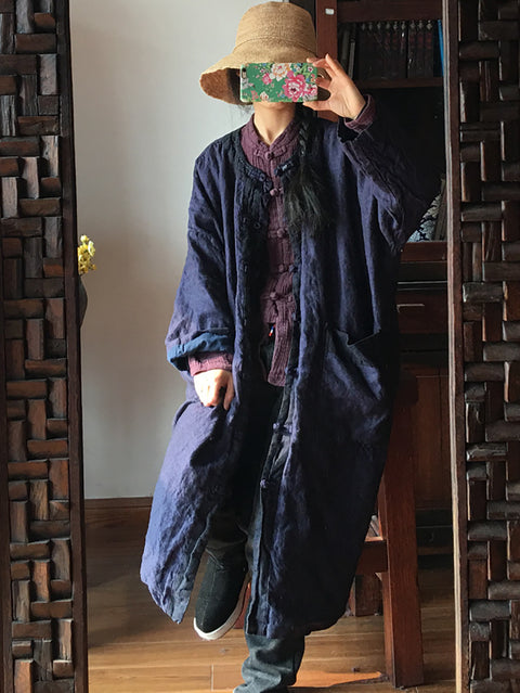 Women Ethnic Colorblock Button-up Linen Long Coat