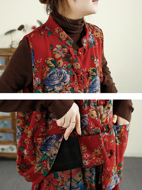 Gilet in cotone con patchwork di fiori etnici da donna