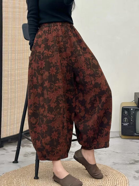 Pantaloni harem in denim con fiori retrò autunnali da donna