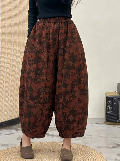 Pantaloni harem in denim con fiori retrò autunnali da donna