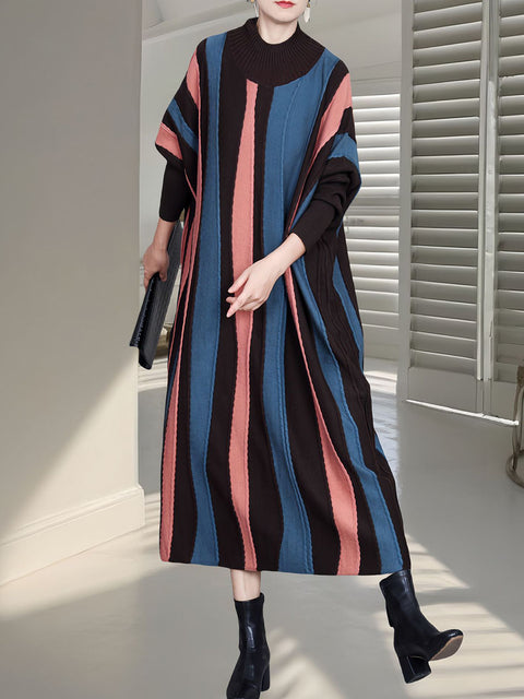 Women Autumn Artsy Colorblock Stripe Knitted Dress