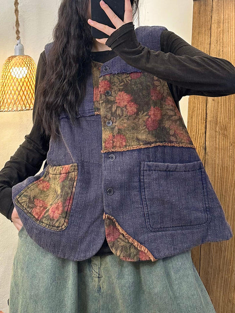 Women Retro Print Button-up Linen Padded Vest