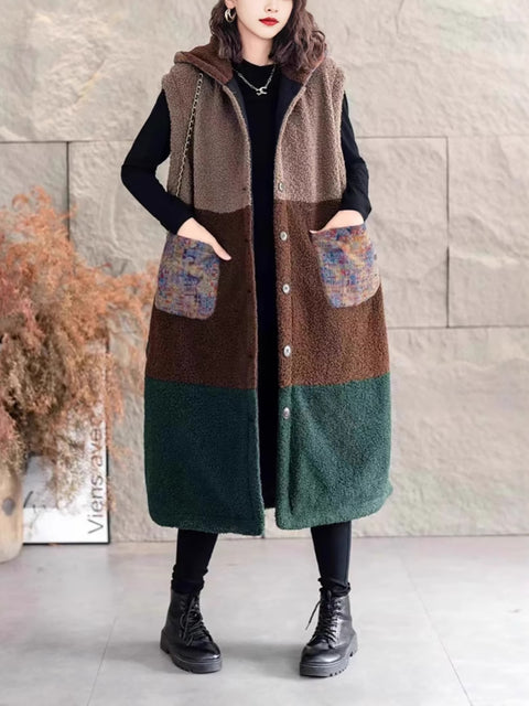 Gilet casual invernale con cappuccio colorblock di media lunghezza