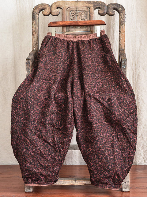 Pantaloni casual in lino con stampa vintage e elastico in vita e tasca floreale