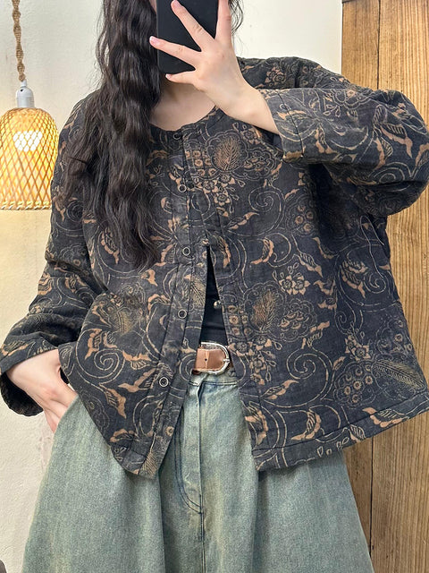 Women Autumn Casual Flower O-Neck Cotton Shirt Coat