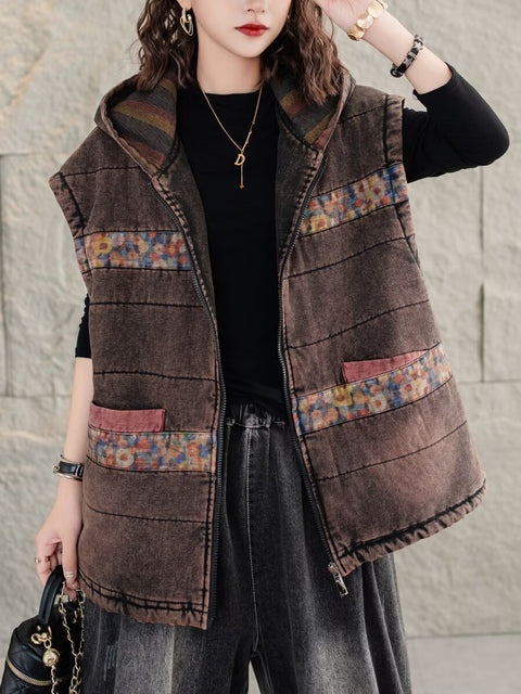 Gilet in cotone con patchwork di fiori etnici da donna