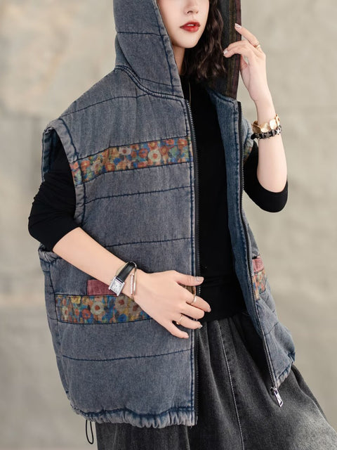 Gilet in cotone con patchwork di fiori etnici da donna