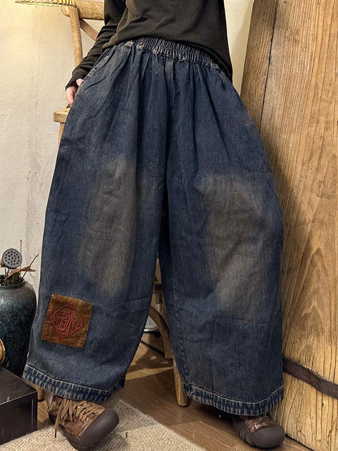 Pantaloni harem in denim con fiori retrò autunnali da donna