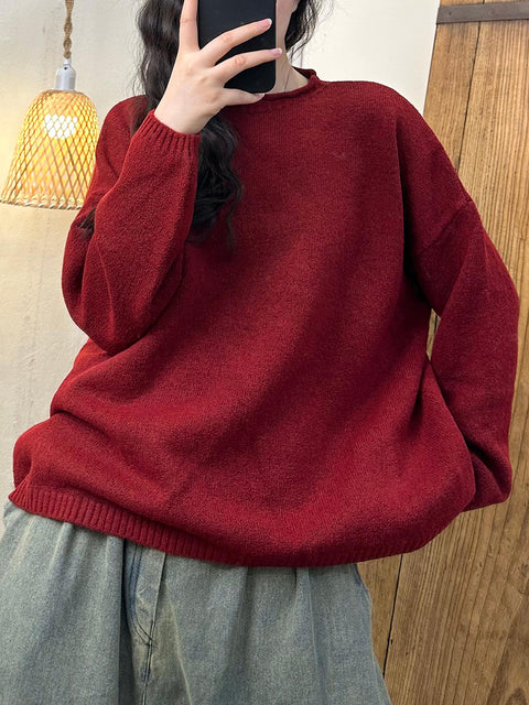 Women Vintage Autumn Solid O-Neck Knit Sweater