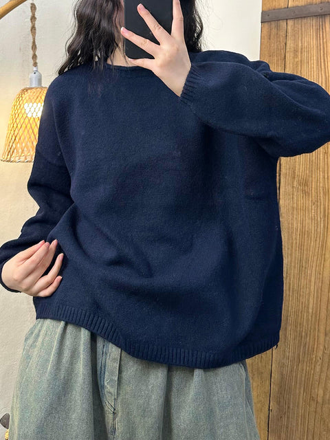 Women Vintage Autumn Solid O-Neck Knit Sweater