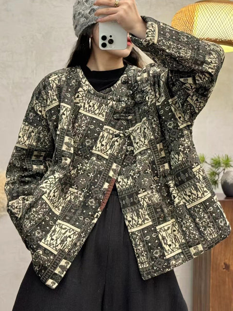 Women Autumn Vintage O-Neck Flower Cotton Coat