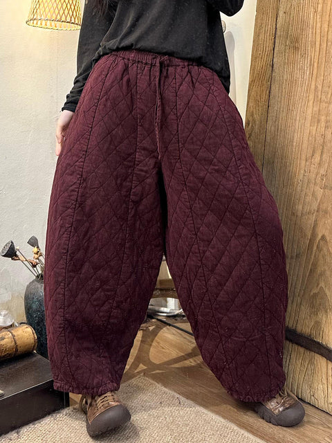 Women Winter Retro Rhomboids Loose Padded Harem Pants