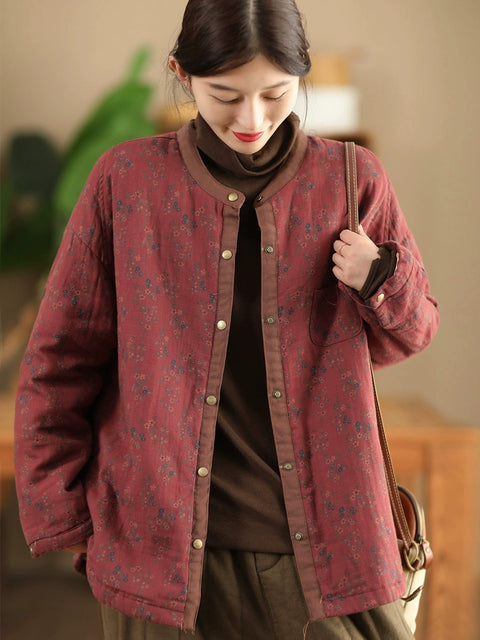 Women Autumn Ethnic Flower Colorblock Short Cotton Padded Coat