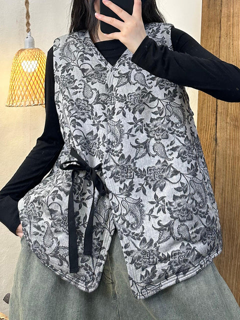 Gilet in cotone con patchwork di fiori etnici da donna