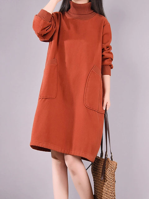 Women Winter Artsy Solid Fleecce-lined Turtleneck Cotton Dress