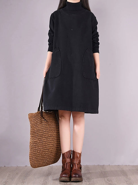 Women Winter Artsy Solid Fleecce-lined Turtleneck Cotton Dress