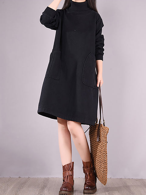 Women Winter Artsy Solid Fleecce-lined Turtleneck Cotton Dress