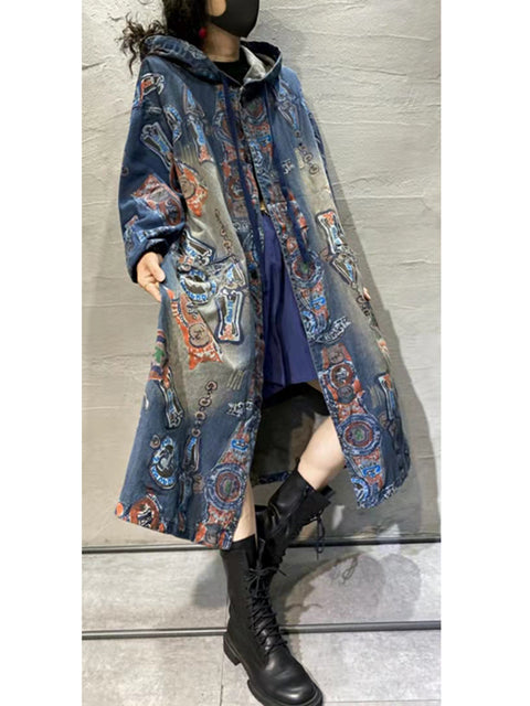 Cappotto lungo con cappuccio tinta unita vintage autunnale da donna