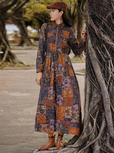 Women Vintage Autumn Flower Spliced Turn-down Collar Dress