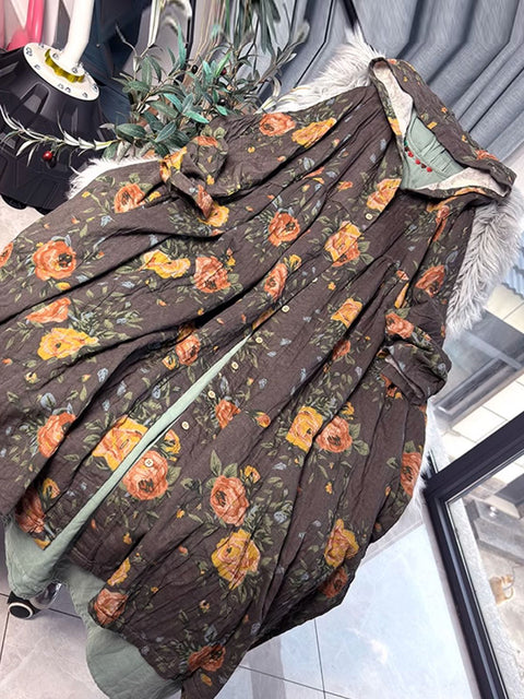 Abito da donna in lino con bottoni a forma di fiore autunnale vintage