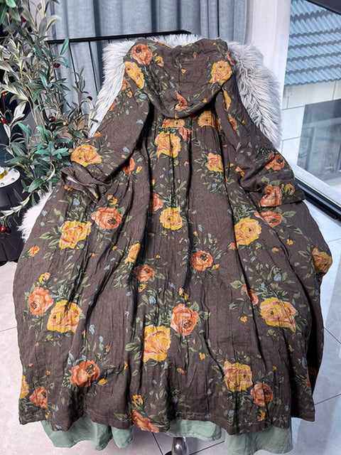 Abito da donna in lino con bottoni a forma di fiore autunnale vintage