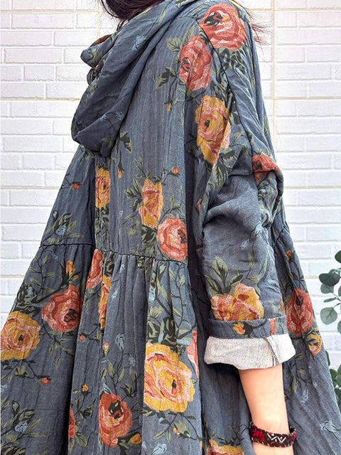 Abito da donna in lino con bottoni a forma di fiore autunnale vintage