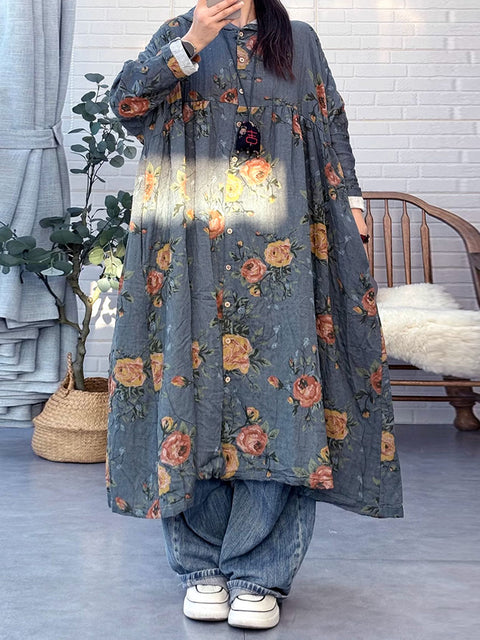 Women Retro Autumn Flower Hooded Loose 100%Cotton Dress