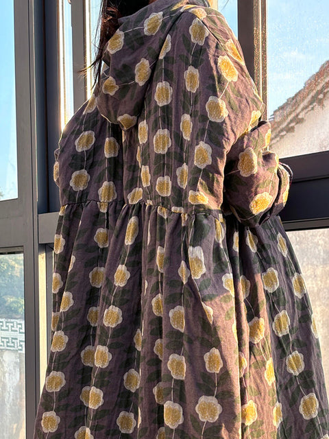 Abito da donna in lino con bottoni a forma di fiore autunnale vintage