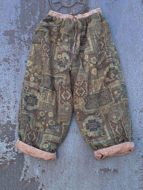 Pantaloni a gamba larga in cotone e lino con fiori retrò invernali da donna