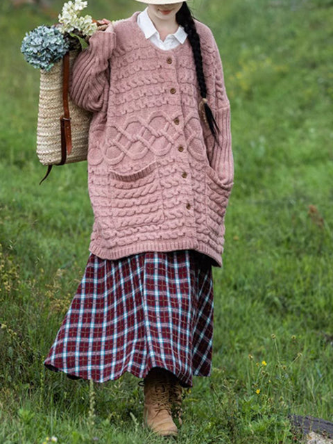 Cappotto maglione con collo rovesciato irregolare in maglia artistica autunnale da donna