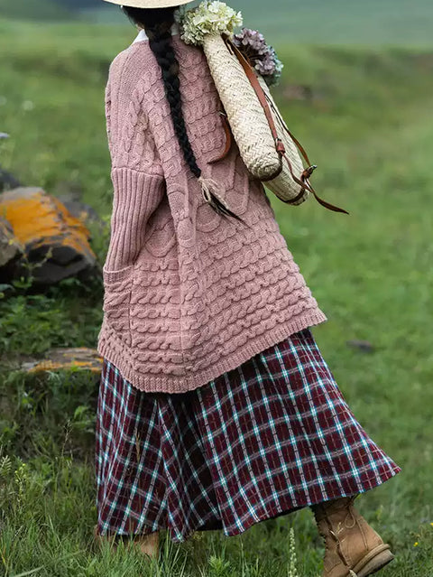 Cappotto maglione con collo rovesciato irregolare in maglia artistica autunnale da donna