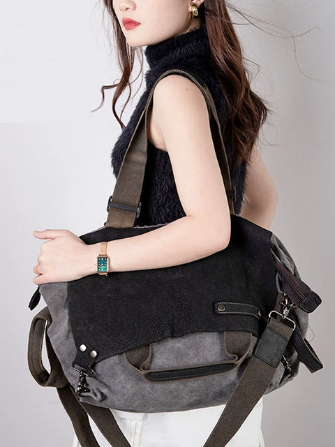 Women Casual Leather Canvas Spliced Shoulder Bag Crossbody Bag