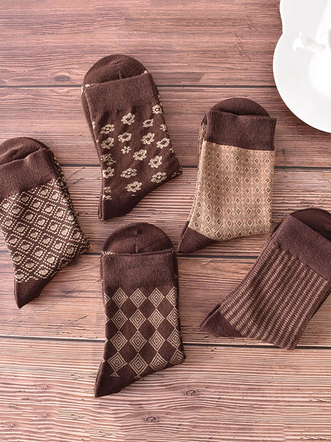 5 Pairs Women Coffee Geometric Flower Socks