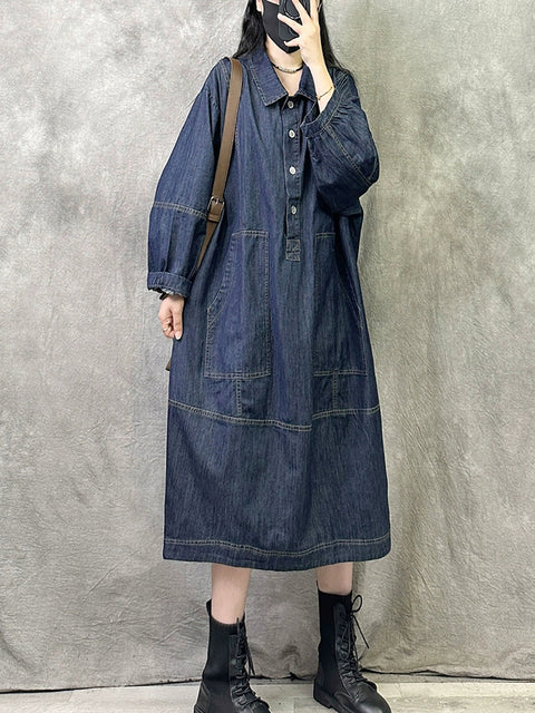 Vestito in denim con colletto rovesciato, stile retrò, autunno da donna