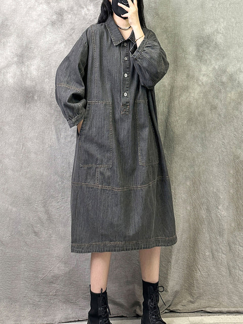 Vestito in denim con colletto rovesciato, stile retrò, autunno da donna