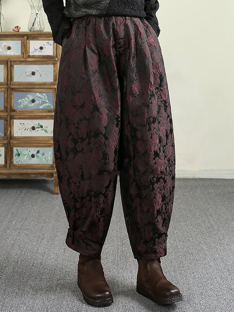 Pantaloni harem invernali da donna con fodera in pile jacquard a fiori retrò