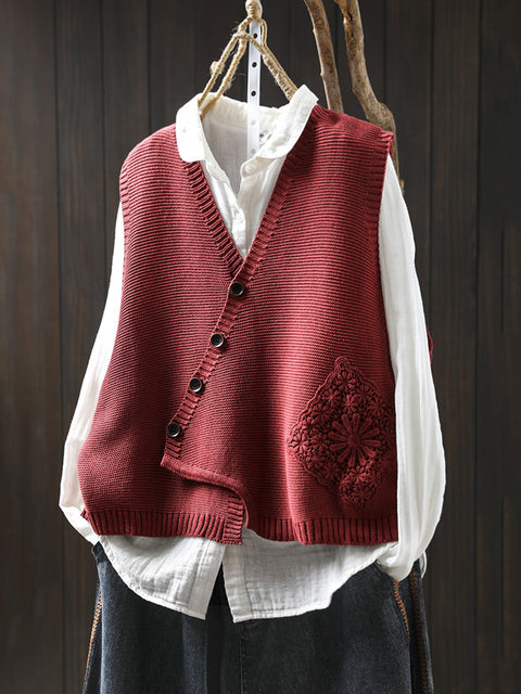 Gilet in maglia con scollo a V e ricamo autunnale casual da donna