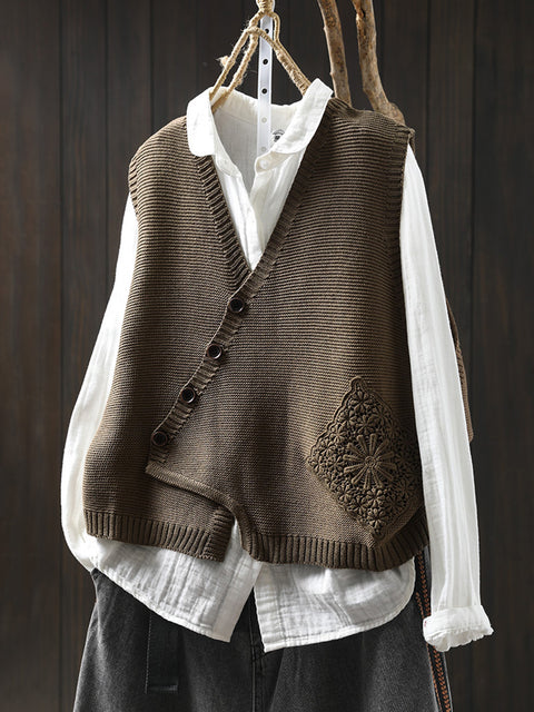 Gilet in maglia con scollo a V e ricamo autunnale casual da donna