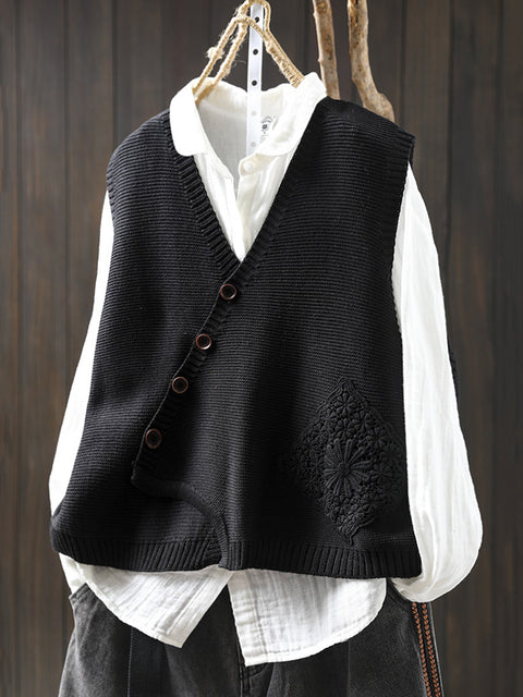 Gilet in maglia con scollo a V e ricamo autunnale casual da donna